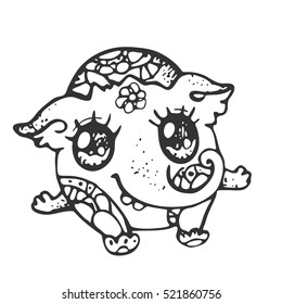 Funny cute monster with a trunk, black and white, line/Decorative stylized mystical creatures, drawing by hand. Vector illustration for design, stencil, print on t-shirt, bag, notebook, card