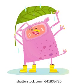 Funny Cute Monster under Rain. KIds character cartoon illustration for children. Vector cartoon.