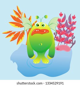 Funny, cute monsters on the background of fantastic plants, vector illustration