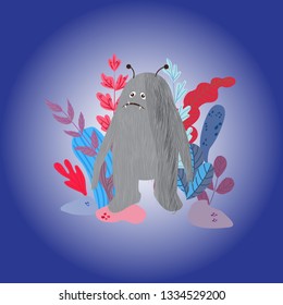 Funny, cute monsters on the background of fantastic plants, vector illustration