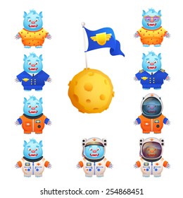 Funny cute monsters in pajamas space travel suit pilot uniform character cartoon set isolated vector illustration