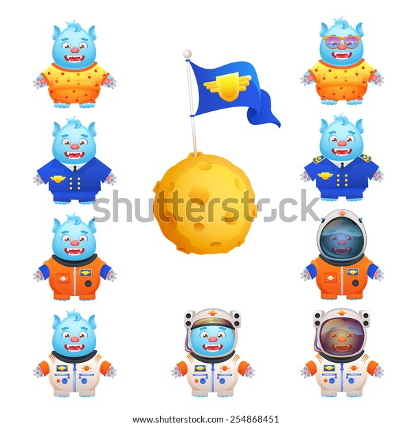 Funny cute\
monsters in pajamas space travel suit pilot uniform character\
cartoon set isolated vector\
illustration