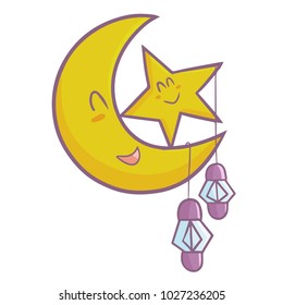 Funny and cute moon and star with hanging lantern smiling happily welcoming Ramadan and Eid al-fitri - vector.