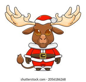 Funny and cute moose mascot, wearing santa claus costume, cartoon animal with sparkling brown eyes, front view. kawaii styles, flats, for kids and adults, for stickers. cartoon moose, merry christmas.