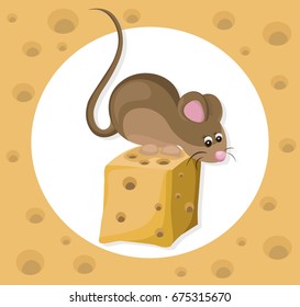 Funny cute mouse character on a cheese slice. Cartoon Vector illustration