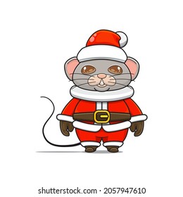 Funny and cute mouse mascot, wearing santa claus costume, cartoon animal with sparkling brown eyes, front view. kawaii styles, flats, for kids and adults, for stickers. merry christmas. element design