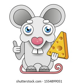 Funny And Cute Mouse Standing And Holding Cheese-vector. White Mouse. Chinese New Year