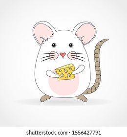 Funny and cute mouse standing and holding a cheese - vector.Cute mouse with a piece of cheese in isolate on a white background. 
