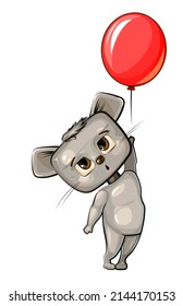 Funny cute Mouse takes off with a red balloon. Funny baby animal. Cartoon style. Illustration for children. Isolated over white background. Vector