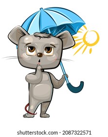 Funny cute Mouse with an umbrella. There is no rain and the sun is shining. The kid is an animal. Illustration for children. Cartoon style. Isolated on white background. Clipart vector