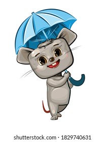 A funny cute mouse is walking with an umbrella. Good summer mood. Kid is an animal. Illustration for children. Cartoon style. Isolated vector