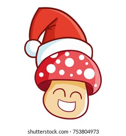 Funny and cute mushroom wearing Santa's hat and smiling - vector.