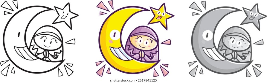 Funny and cute muslim woman with moon and star cartoon illustration in three colors version.