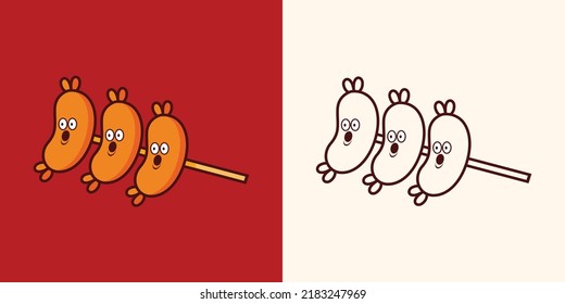 Funny cute mustard sausage character. Vector hand drawn kawaii cartoon character illustration icon. Mustard sausage character concept, for posters, menus, brochures, web and fast food icons