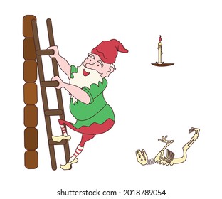 Funny cute mythological gnome climbs up from their cave by ladder isolated on white background.. Flat Art Vector Illustration