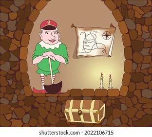 Funny cute mythological gnome with a shovel found a treasure chest isolated on white background.. Flat Art Vector Illustration
