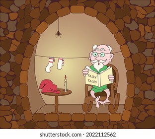 Funny cute mythological gnome sits in a rocking chair and reads fairy tales isolated on white background.. Flat Art Vector Illustration