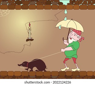 Funny cute mythological gnome walking his pet mole isolated on white background.. Flat Art Vector Illustration