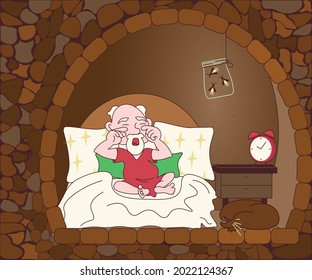 Funny cute mythological gnome woke up in the morning in his bed and rubs his eyes isolated on white background.. Flat Art Vector Illustration