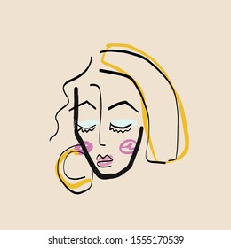 Funny cute naive woman face. Cubism simple portrait of a girl with make-up and  earring