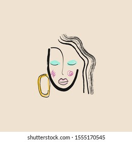 Funny cute naive woman face. Cubism simple portrait of a girl with make-up and  earring