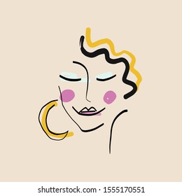 Funny cute naive woman face. Cubism simple portrait of a girl with make-up and  earring