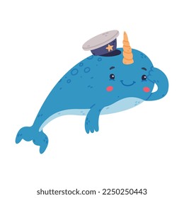 Funny cute narwhal sailor. Sea mammal baby animal cartoon character vector illustration