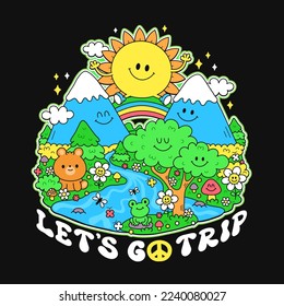 Funny cute nature landscape t-shirt print design.Let's go Trip quote slogan. Vector hand drawn trendy cartoon character illustration. Mountain,forest,travel print for t-shirt,poster,sticker concept
