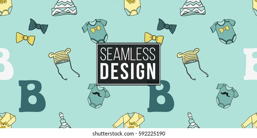 Funny, cute, new born, baby boy bodysuit and hat and bow tie and baby beanie and letter b vector seamless pattern on light blue background. Backdrop for children nursery, greeting card, web, apps.