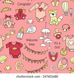 Funny cute new born girl welcome baby vector seamless pattern. Girl bib, rattle, soother, inscription, crown, bodysuit, beanie on light pink background. Set of isolated elements.