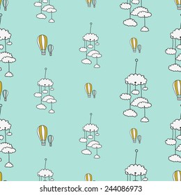 Funny cute new born welcome baby boy balloon and mobility vector seamless pattern on light blue background. Set of isolated elements. Chess grid order pattern.