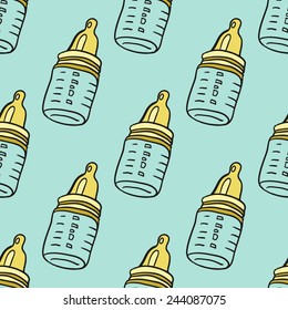 Funny cute new born welcome baby boy baby bottle, vector seamless pattern on light blue background. Set of isolated elements. Chess grid order pattern.