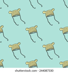 Funny cute new born welcome baby boy baby beanie vector seamless pattern on light blue background. Set of isolated elements. Chess grid order pattern.