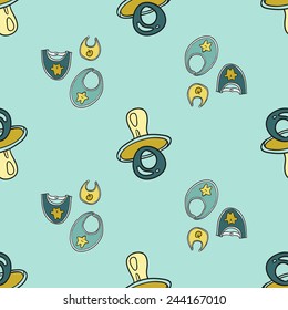 Funny cute new born welcome baby boy bib and soother vector seamless pattern on light blue background. Set of isolated elements. Chess grid order pattern.
