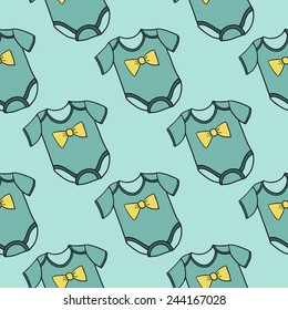 Funny cute new born welcome baby boy bodysuit vector seamless pattern on light blue background. Set of isolated elements. Chess grid order pattern.