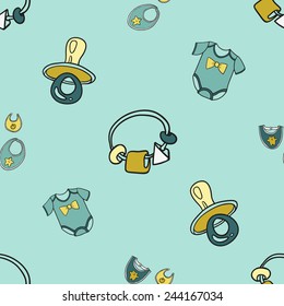 Funny cute new born welcome baby boy bib and rattle and soother and bodysuit vector seamless pattern on light blue background. Set of isolated elements. Chess grid order pattern.