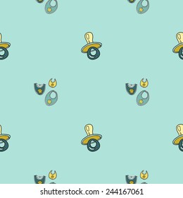 Funny cute new born welcome baby boy bib and soother vector seamless pattern on light blue background. Set of isolated elements. Chess grid order pattern.
