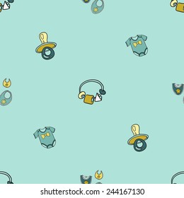 Funny cute new born welcome baby boy bib and rattle and soother and bodysuit vector seamless pattern on light blue background. Set of isolated elements. Chess grid order pattern.