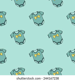 Funny cute new born welcome baby boy bodysuit vector seamless pattern on light blue background. Set of isolated elements. Chess grid order pattern.