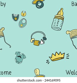 Funny cute new born welcome baby boy bib, rattle, soother, inscription, crown, bodysuit, beanie vector seamless pattern on light blue background. Set of isolated elements. Chess grid order pattern.