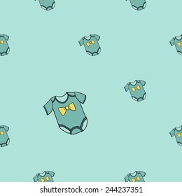 Funny cute new born welcome baby boy bodysuit vector seamless pattern on light blue background. Set of isolated elements. Chess grid order pattern.