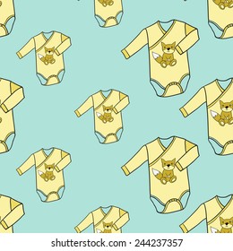 Funny cute new born welcome baby boy bodysuit vector seamless pattern on light blue background. Set of isolated elements. Chess grid order pattern.