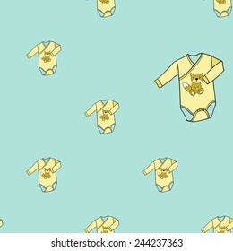 Funny cute new born welcome baby boy bodysuit vector seamless pattern on light blue background. Set of isolated elements. Chess grid order pattern.