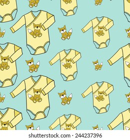 Funny cute new born welcome baby boy bodysuit and toy vector seamless pattern on light blue background. Set of isolated elements. Chess grid order pattern.
