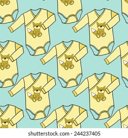 Funny cute new born welcome baby boy bodysuit vector seamless pattern on light blue background. Set of isolated elements. Chess grid order pattern.