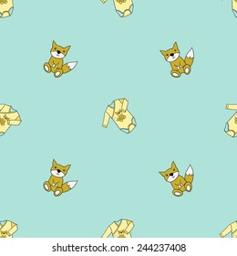 Funny cute new born welcome baby boy bodysuit and toy vector seamless pattern on light blue background. Set of isolated elements. Chess grid order pattern.