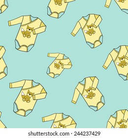 Funny cute new born welcome baby boy bodysuit vector seamless pattern on light blue background. Set of isolated elements. Chess grid order pattern.