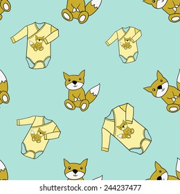 Funny cute new born welcome baby boy bodysuit and toy vector seamless pattern on light blue background. Set of isolated elements. Chess grid order pattern.