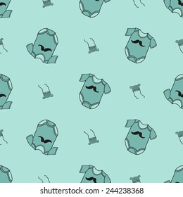 Funny cute new born welcome baby boy bodysuit and baby beanie vector seamless pattern on light blue background. Set of isolated elements. Chess grid order pattern.