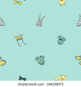 Funny cute new born welcome baby boy bodysuit and socks and hat and bow tie and baby beanie vector seamless pattern on light blue background. Set of isolated elements. Chess grid order pattern.